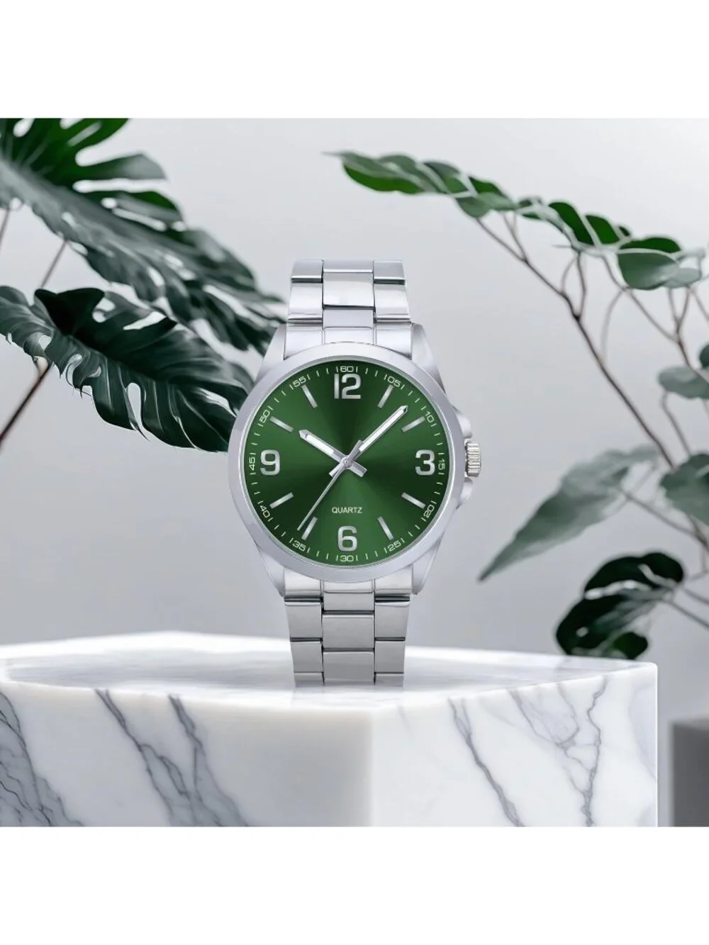 Men's Silver And Green Analog Stainless Steel Case Arabic Numerals Classic Watch